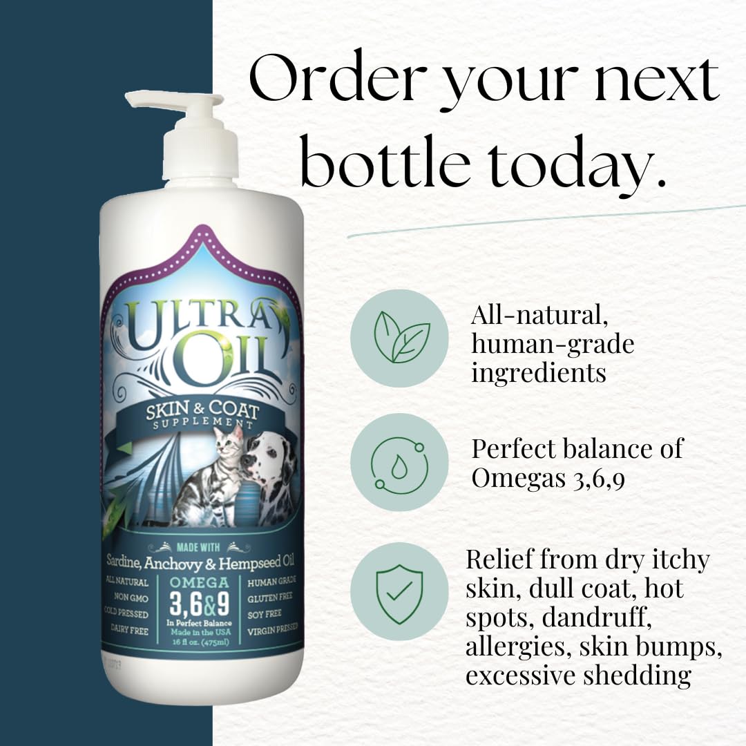 Ultra Oil Skin and Coat Supplement for Dogs & Cats - Hemp Seed Oil, Flaxseed Oil, Grape Seed Oil, Fish Oil for Relief from Dry I